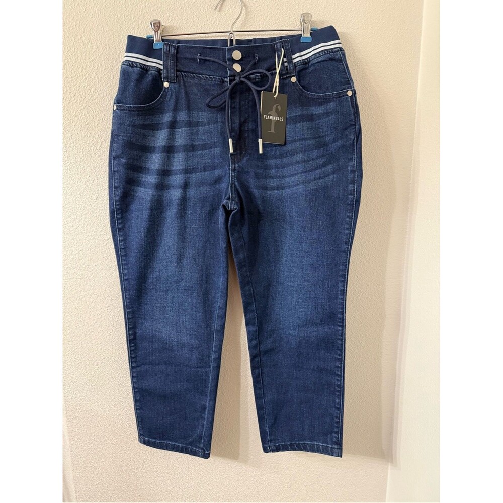 Flamingals XL Dark Wash Stretch Cropped Slim Jeans Drawstring NWT